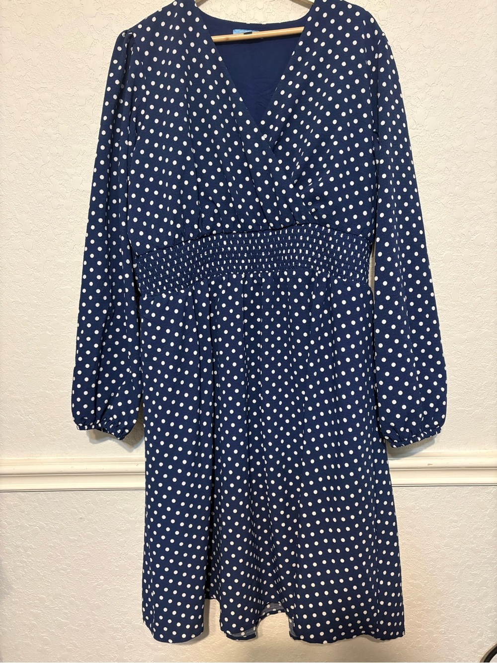 Woman Navy Polka Dot Long-Sleeve Dress